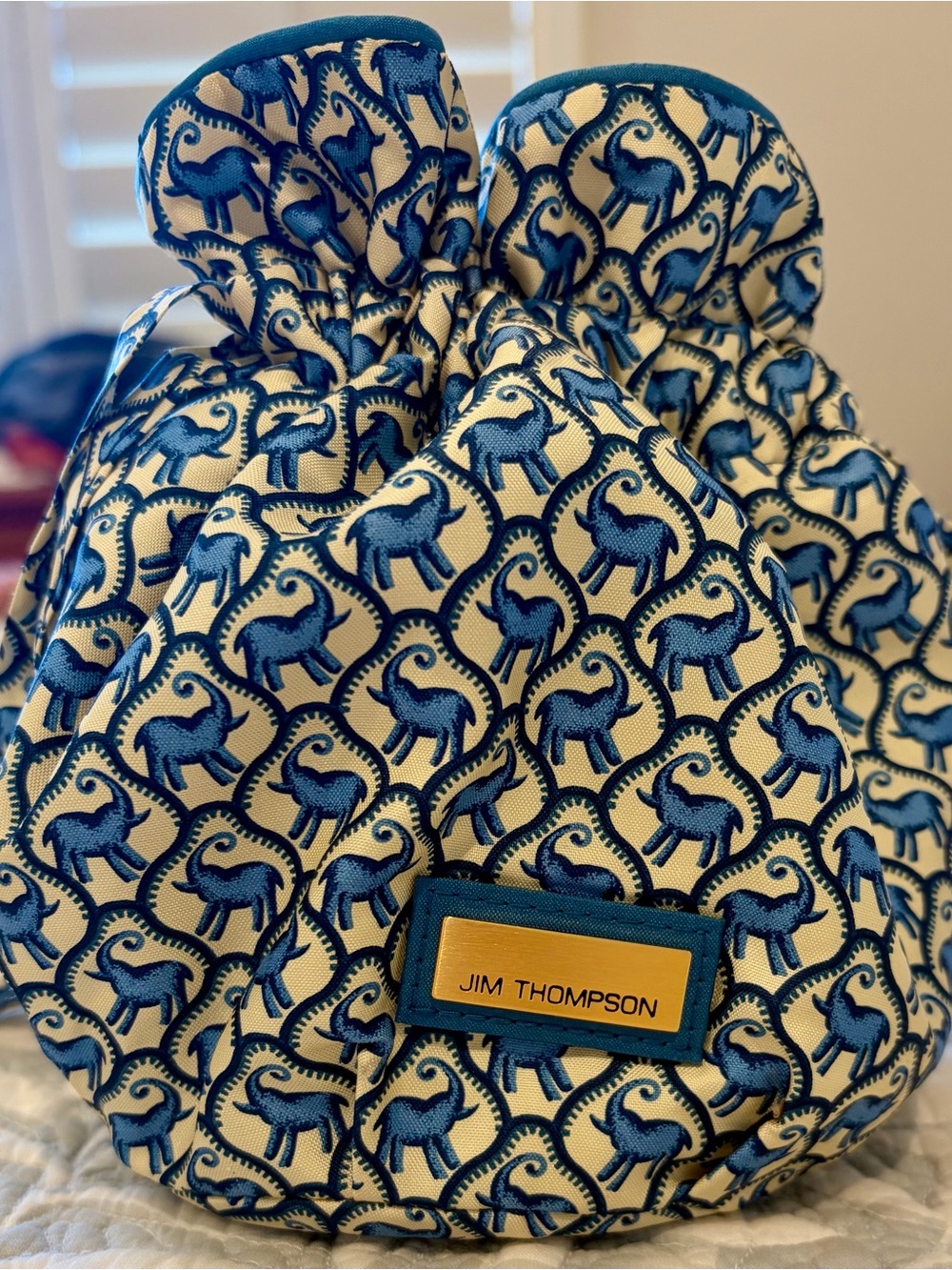 Jim Thompson Thai Silk Blue Elephant Drawstring Pouch Bag